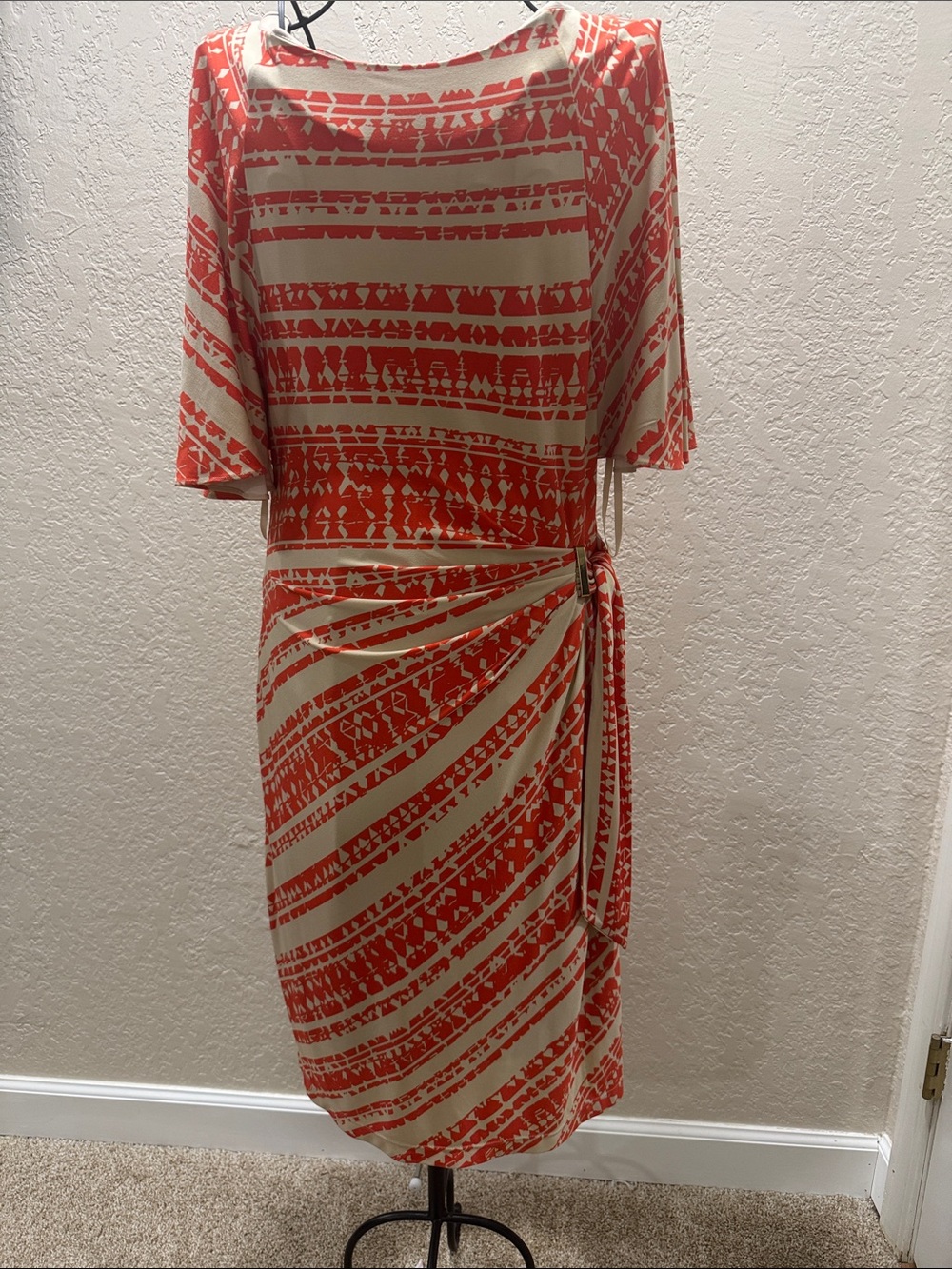 Tahari Cream and Coral Patterned Midi Wrap Dress with Side Tie